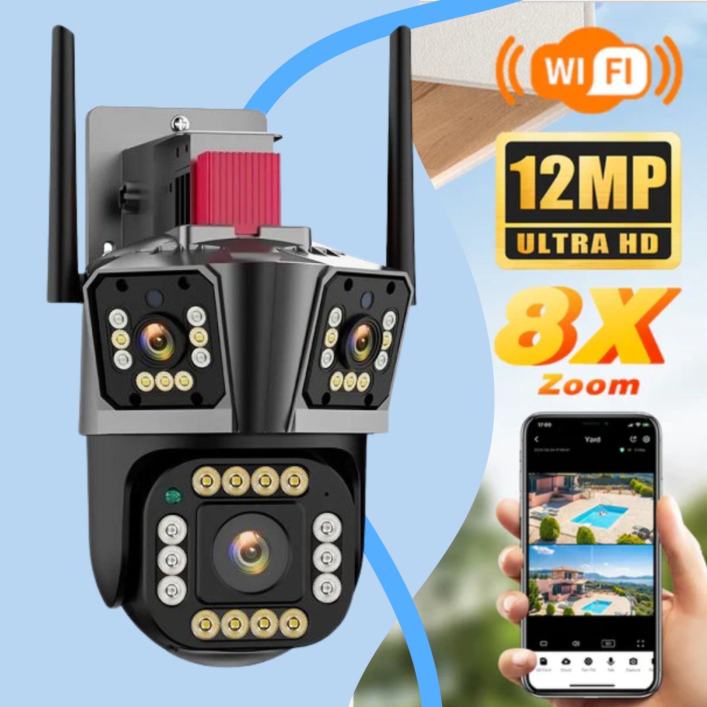 6K 12MP Triple Lens WiFi Motion Detection Alarm Waterproof Camera